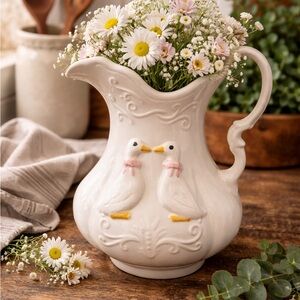Vintage White Goose Pitcher Farmhouse Kitchen Decor Ceramic Water Jug Cottage